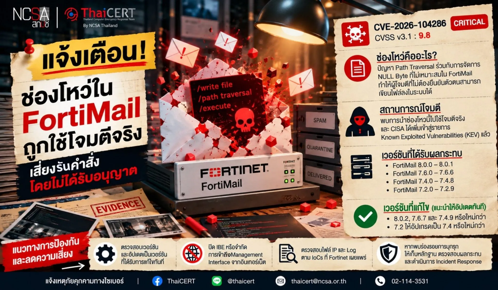 警报！FortiMail 的一个漏洞正被积极利用，存在执行未经授权命令的风险。——泰国计算机应急响应小组 (ThaiCERT)