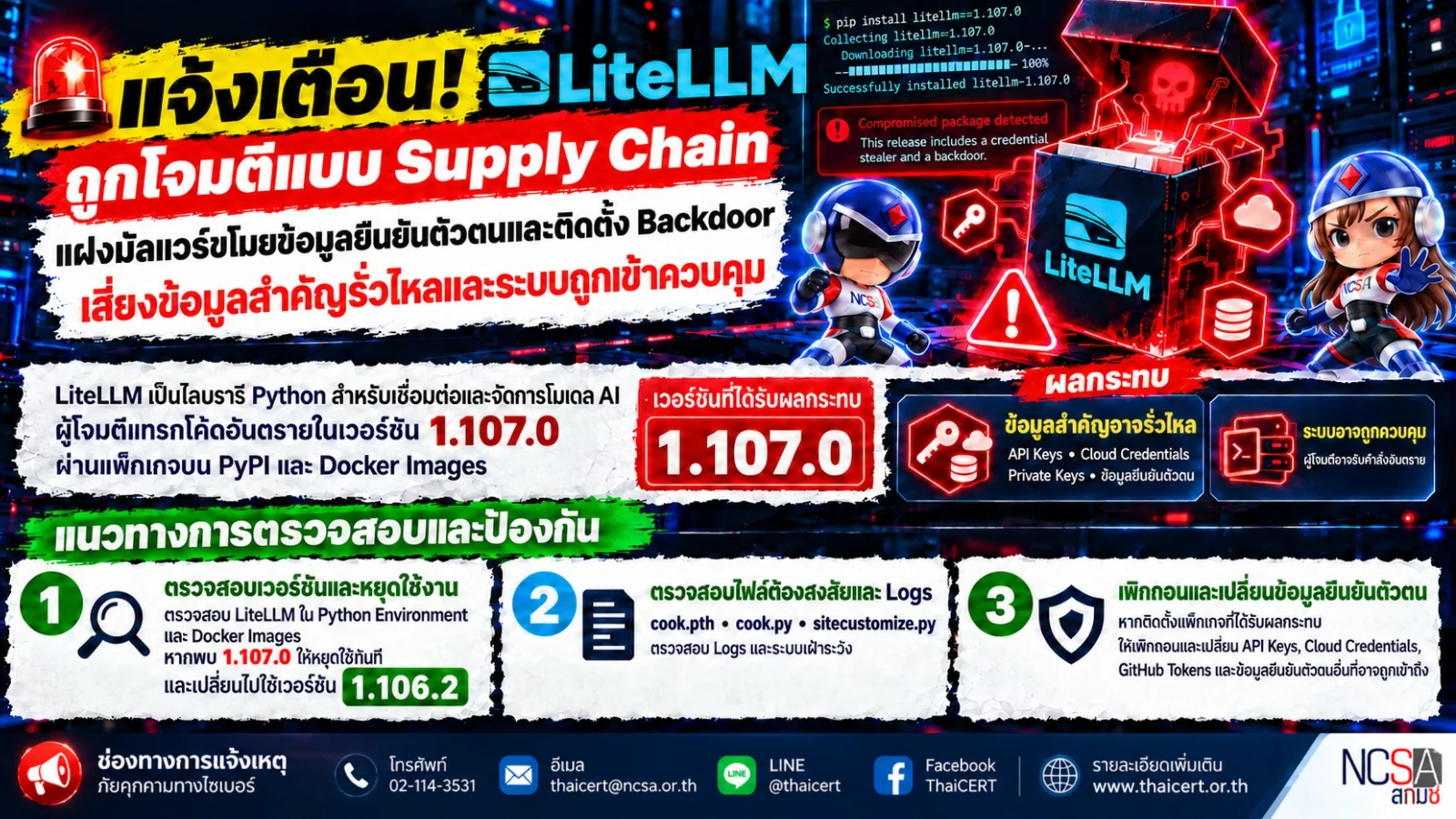 警报！LiteLLM遭遇供应链攻击，攻击者植入恶意软件，窃取身份验证数据并安装后门，存在数据泄露和系统被入侵的风险。——泰国计算机应急响应小组（ThaiCERT）