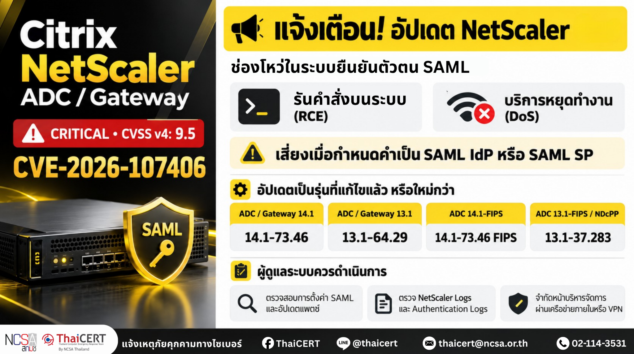 警报!Citrix 已发布补丁修复 NetScaler 中的一个严重漏洞,该漏洞可能被利用,通过远程代码执行 (RCE) 攻击 SAML 系统。——泰国计算机应急响应小组 (ThaiCERT)