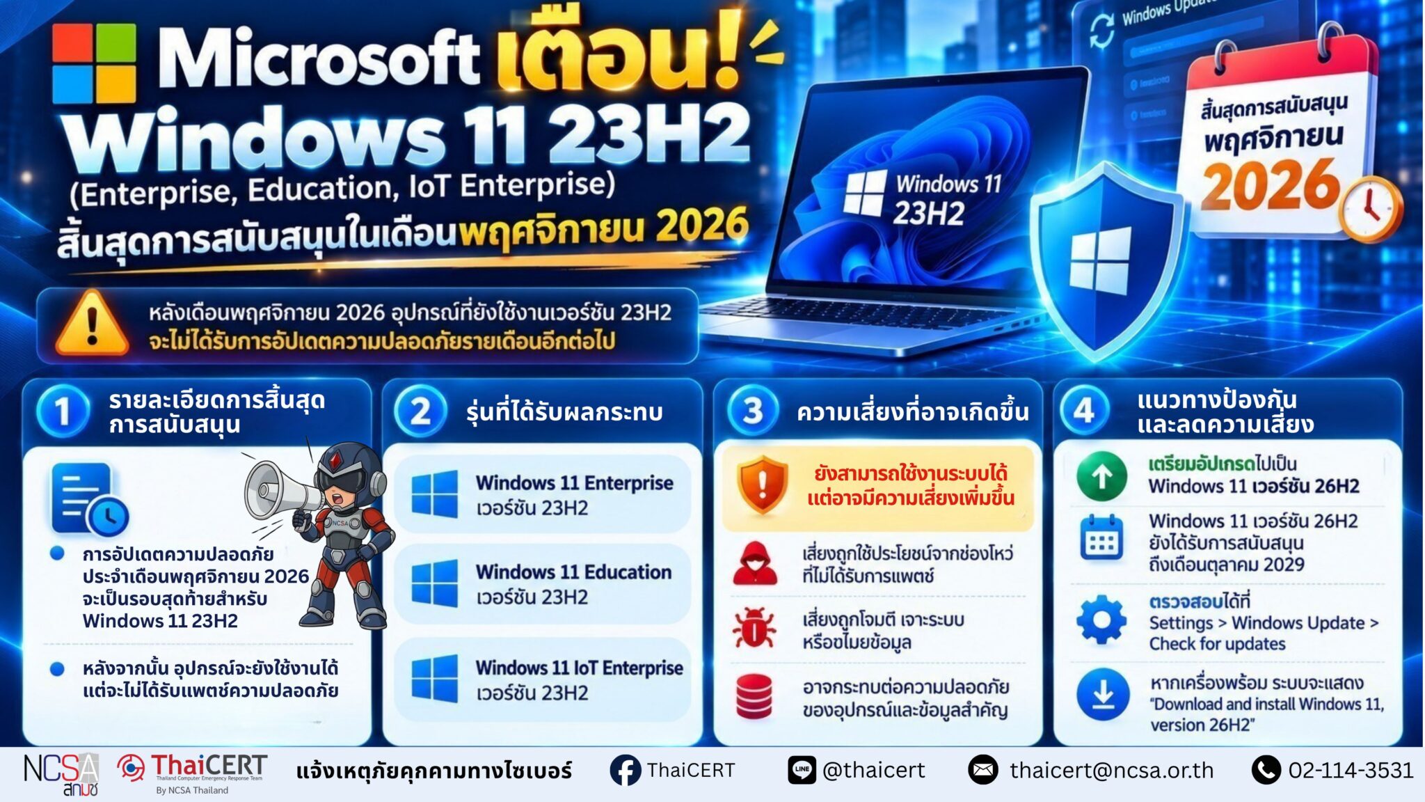 微软发出警告!Windows 11 23H2(企业版、教育版、物联网版)将在 30 天后停止支持 - 泰国计算机应急响应小组 (ThaiCERT)